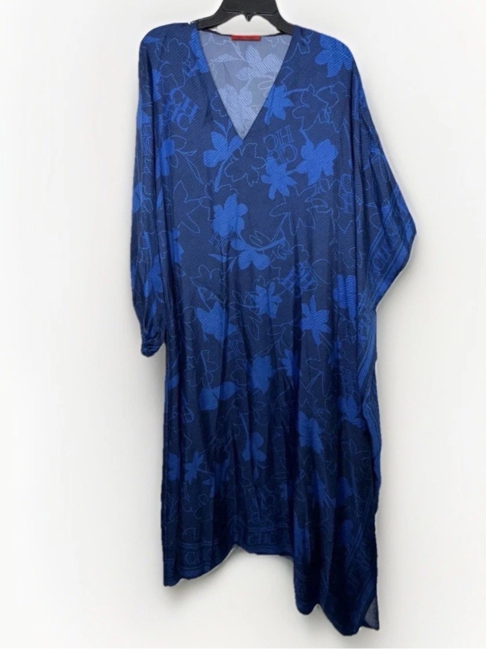 Carolina Herrera Blue Logo Floral Print 100 Percent Silk Asymmetric Tunic Dress